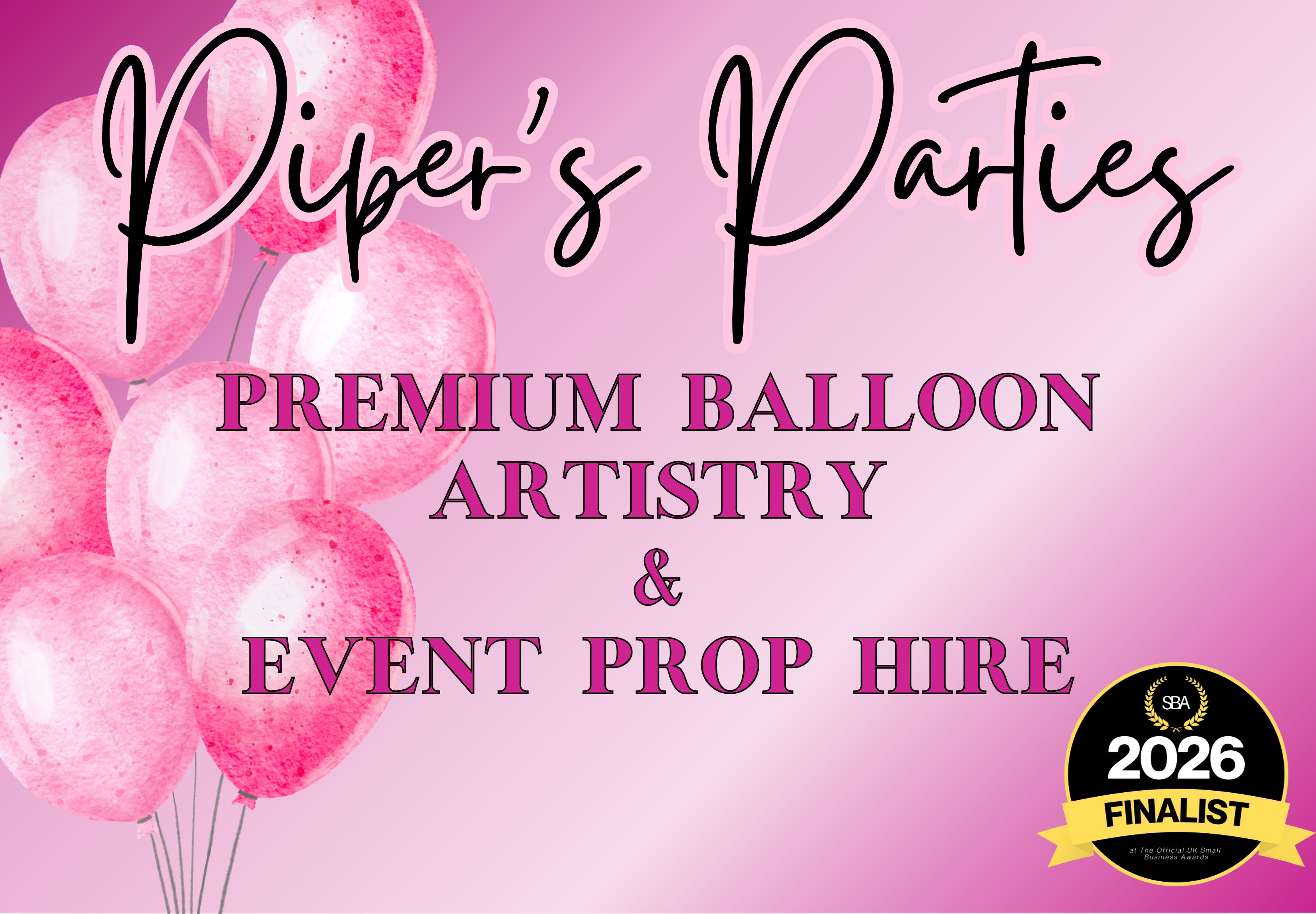 Piper's Parties premium balloon garlands, light-up numbers, and event decor